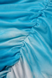 Blue Casual Patchwork Tie-dye Off the Shoulder Pencil Skirt Dresses