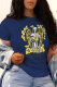 Navy Blue Casual Street Print Patchwork O Neck T-Shirts