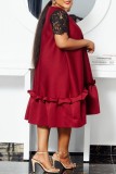 Red Casual Solid Patchwork O Neck Short Sleeve Dress Dresses