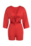 Red Fashion Casual Solid Bandage Hollowed Out Patchwork V Neck Regular Romper