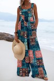 Multicolor Casual Printed Stitching Halter Strap Wide-leg Jumpsuit