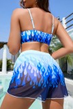 Royal Blue Sexy Print Backless Swimsuit Three Piece Set (With Paddings)