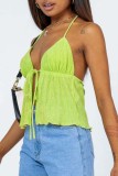 Green Yellow Sexy Casual Solid Frenulum Backless Halter Tops
