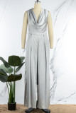 Light Blue Casual Solid Patchwork Backless V Neck Straight Jumpsuits