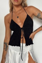 Black Sexy Casual Solid Frenulum Backless Halter Tops