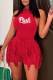 Red Street Print Tassel Letter O Neck Sleeveless Two Pieces