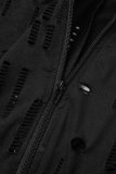 Black Sexy Casual Solid Ripped Hollowed Out Zipper Collar Skinny Jumpsuits