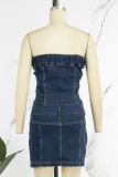 Deep Blue Sexy Casual Solid Patchwork Backless Strapless Sleeveless Two Pieces