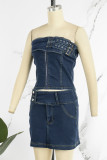 Deep Blue Sexy Casual Solid Patchwork Backless Strapless Sleeveless Two Pieces