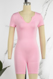 Pink Casual Solid Hollowed Out V Neck Skinny Romper