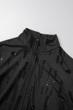 Black Sexy Casual Solid Ripped Hollowed Out Zipper Collar Skinny Jumpsuits