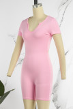 Pink Casual Solid Hollowed Out V Neck Skinny Romper