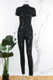Black Sexy Casual Solid Ripped Hollowed Out Zipper Collar Skinny Jumpsuits