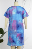 Pink Purple Casual Print Tie Dye Patchwork V Neck Short Sleeve Dress Plus Size Dresses