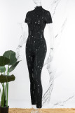 Black Sexy Casual Solid Ripped Hollowed Out Zipper Collar Skinny Jumpsuits