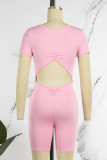 Pink Casual Solid Hollowed Out V Neck Skinny Romper