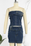 Deep Blue Sexy Casual Solid Patchwork Backless Strapless Sleeveless Two Pieces