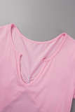 Pink Casual Solid Hollowed Out V Neck Skinny Romper