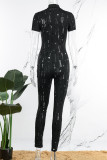 Black Sexy Casual Solid Ripped Hollowed Out Zipper Collar Skinny Jumpsuits