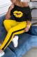 Yellow Casual Lips Printed Basic Oblique Collar Half Sleeve Two Pieces