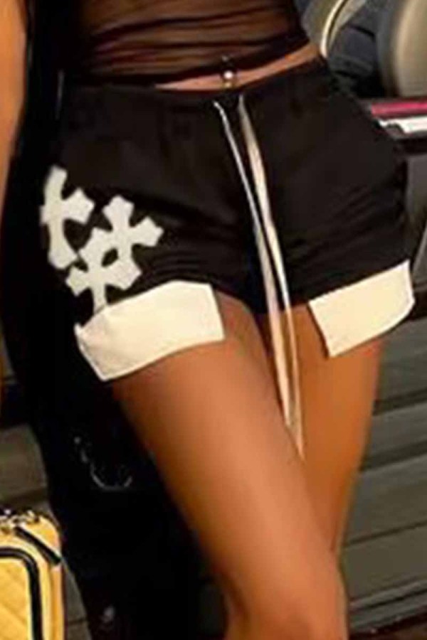 Black Street Print Patchwork Mid Waist Straight Bottoms