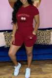 Red Casual Print Basic O Neck Short Sleeve Two Pieces