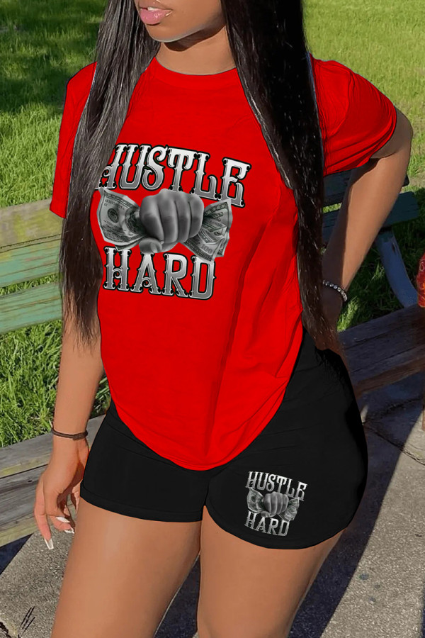 Red Black Casual Print Basic O Neck Short Sleeve Two Pieces