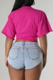 Blue Casual Letter Print Basic V Neck Tops