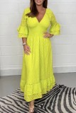 Yellow Casual Solid Patchwork V Neck Long Dress Dresses