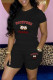 Black Casual Print Basic O Neck Short Sleeve Two Pieces