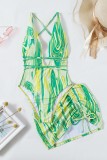 Green Sexy Print Backless Swimwears (With Paddings)