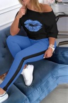 Blue Casual Lips Printed Basic Oblique Collar Half Sleeve Two Pieces