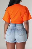 Blue Casual Letter Print Basic V Neck Tops