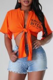 Blue Casual Letter Print Basic V Neck Tops