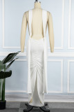 White Sexy Street Elegant Solid Backless Slit Fold V Neck Wrapped Skirt Dresses