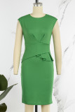 Green Casual Work Elegant Solid Fold O Neck Wrapped Skirt Dresses