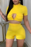Yellow Casual Solid Hollowed Out Frenulum Backless Half A Turtleneck Short Sleeve Two Pieces