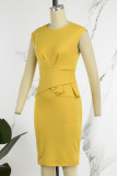 Yellow Casual Work Elegant Solid Fold O Neck Wrapped Skirt Dresses