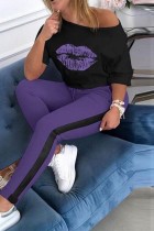 Purple Casual Lips Printed Basic Oblique Collar Half Sleeve Two Pieces