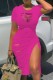 Rose Red Casual Print Solid Ripped Hollowed Out Slit O Neck Short Sleeve Dress