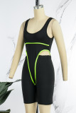 Fluorescent Green Sexy Casual Street Solid Hollowed Out Backless Contrast Spaghetti Strap Sleeveless Two Pieces