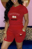 Red Casual Print Basic O Neck Short Sleeve Two Pieces