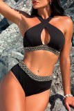 Black Sexy Solid Hollowed Out Patchwork Backless Swimsuit Three Piece Set (With Paddings)