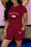 Red Casual Print Basic O Neck Short Sleeve Two Pieces