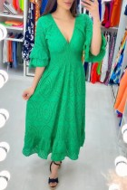 Green Casual Solid Patchwork V Neck Long Dress Dresses