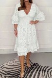 White Casual Solid Patchwork V Neck Long Dress Dresses