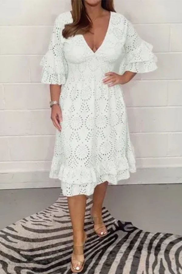 White Casual Solid Patchwork V Neck Long Dress Dresses