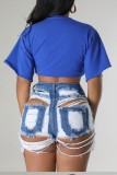 Blue Casual Letter Print Basic V Neck Tops