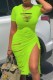 Green Casual Print Solid Ripped Hollowed Out Slit O Neck Short Sleeve Dress