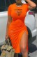 Tangerine Red Casual Print Solid Ripped Hollowed Out Slit O Neck Short Sleeve Dress